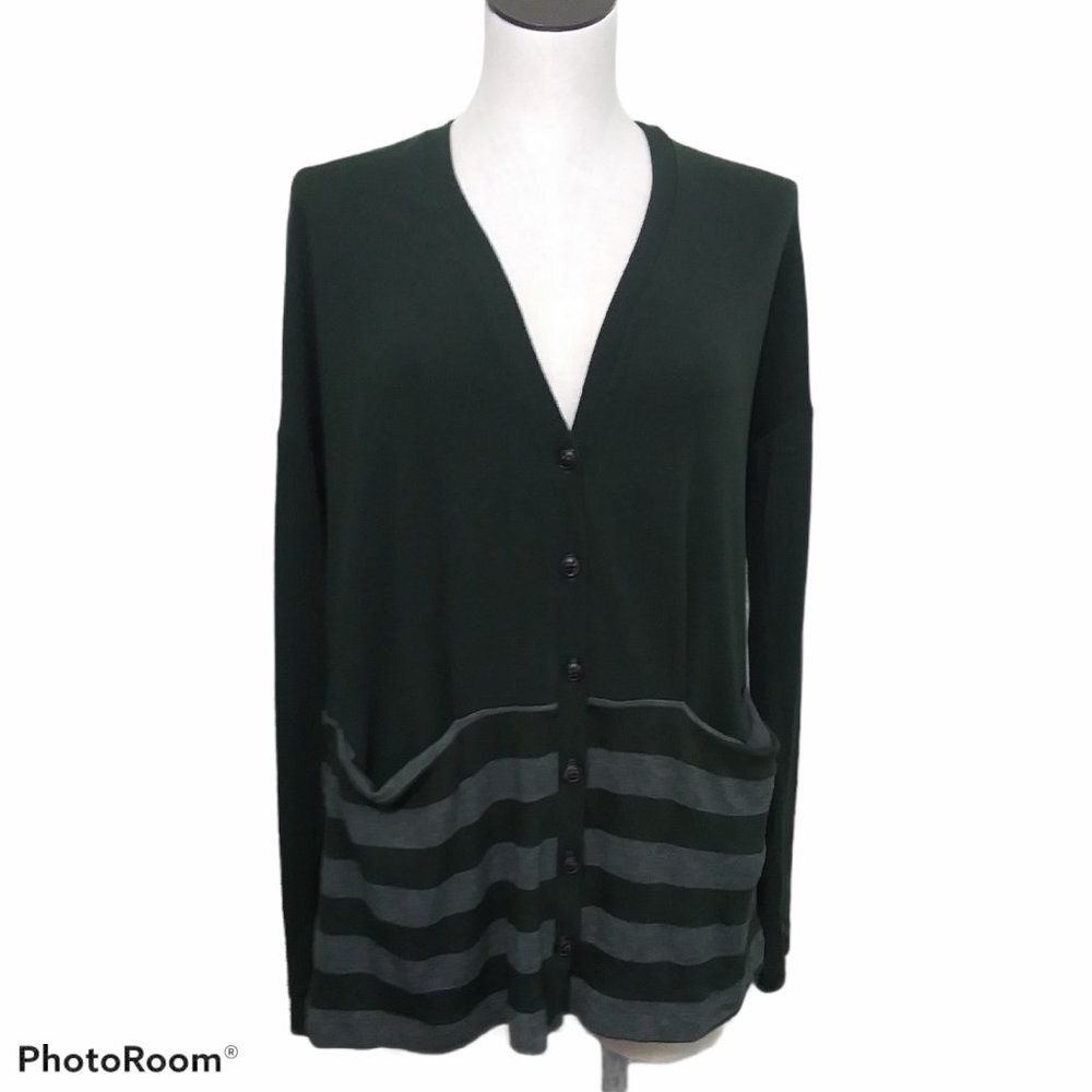 Three Dots Womens Dark Green Striped Button Front Cardigan Sweater FQ7067 Medium